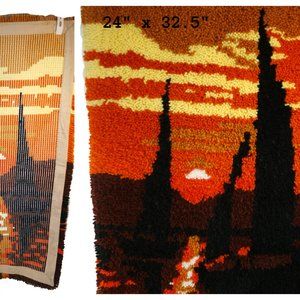 VTG Handmade Latch Hook Rug Wall Hanging Sunset Sailboat Orange Gold 32 x 24"